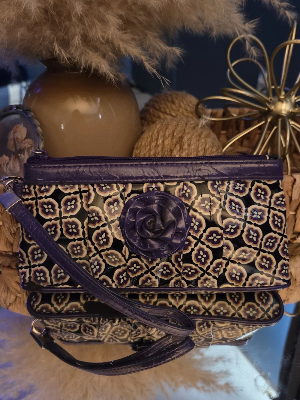 Vera Bradley Purple Floral Patent Wristlet Clutch with Rose Accent
